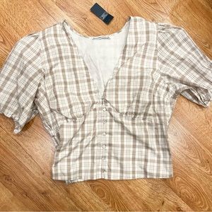 ⭐️NWT Abercrombie & Fitch V Neck Puff Sleeve Beige Check   shirt XL
